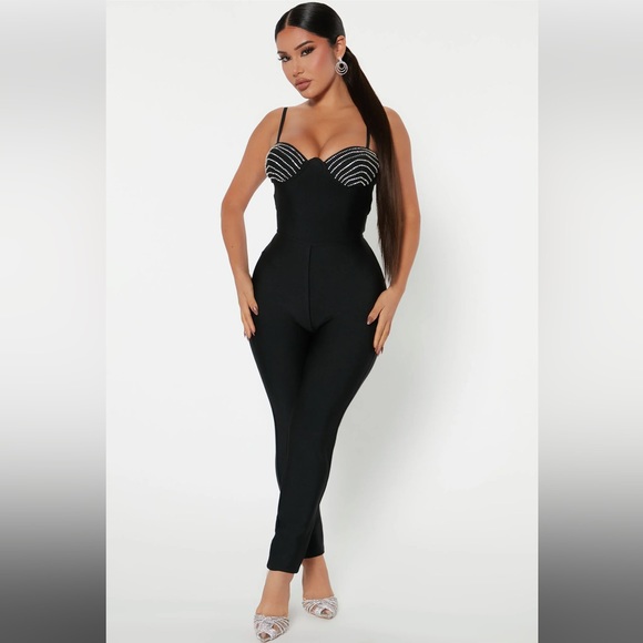 Julissa Rhinestone Bandage Jumpsuit Black